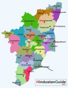 Die Karte zeigt die verschiedenen Regionen Tamilnadus.